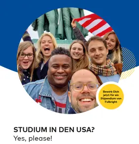 Abbildung internationaler Studenten mit dem Text "Studium in den USA - yes please" darunter.