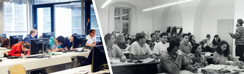 The left part of the picture shows a current lecture with students sitting in front of computers. The right section shows a lecture from the time the THI was founded in the 1990s. 